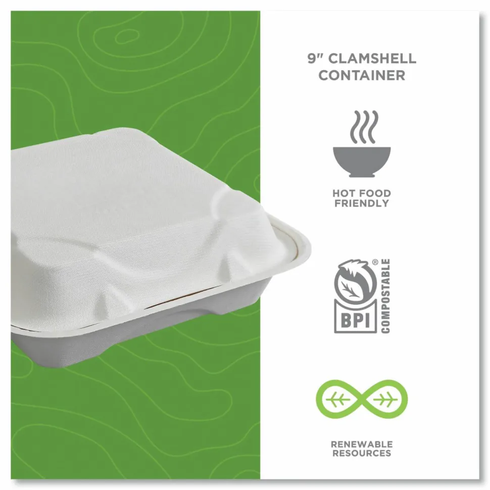 Eco-Products Vanguard Renewable and Sugarcane Clamshells, 9 x 9 x 3, White, 200/Carton
