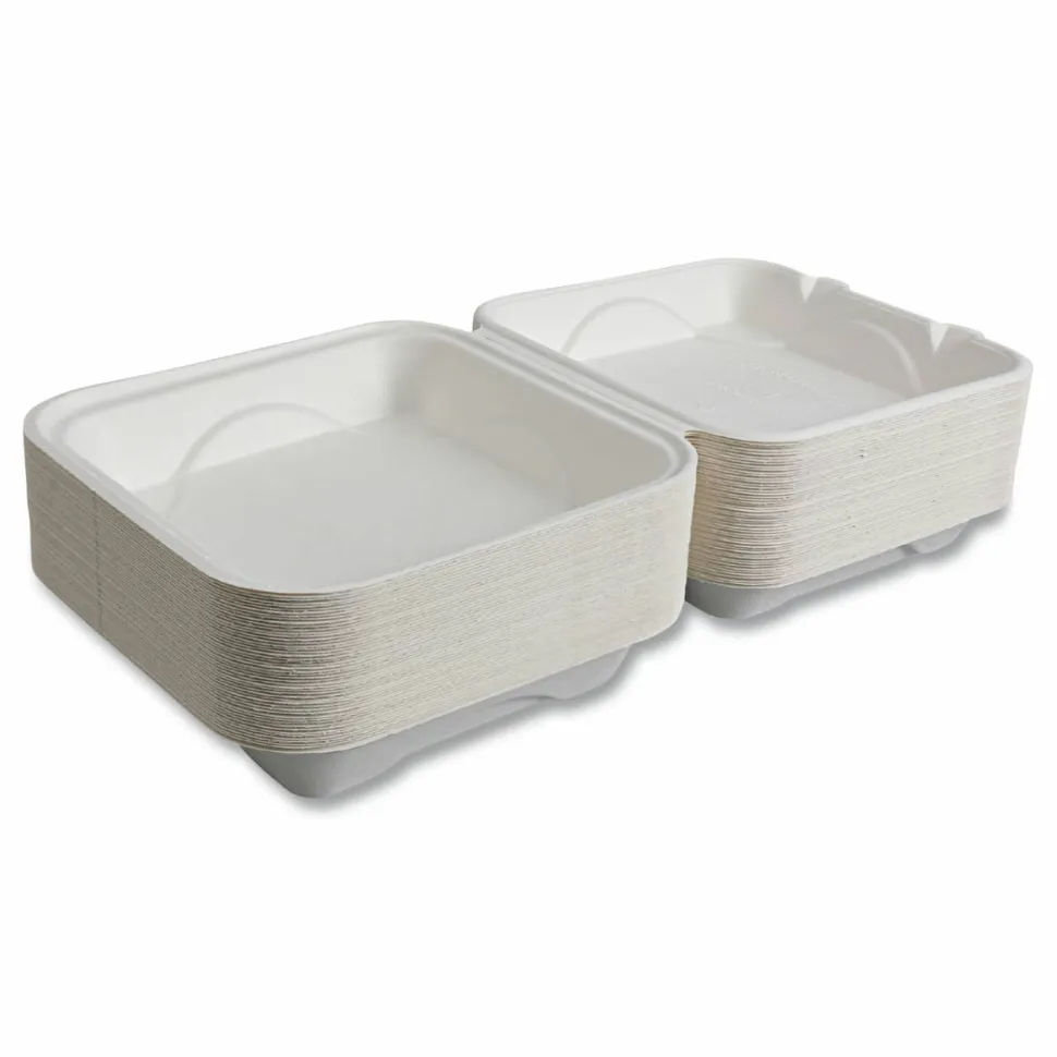 Eco-Products Vanguard Renewable and Sugarcane Clamshells, 9 x 9 x 3, White, 200/Carton