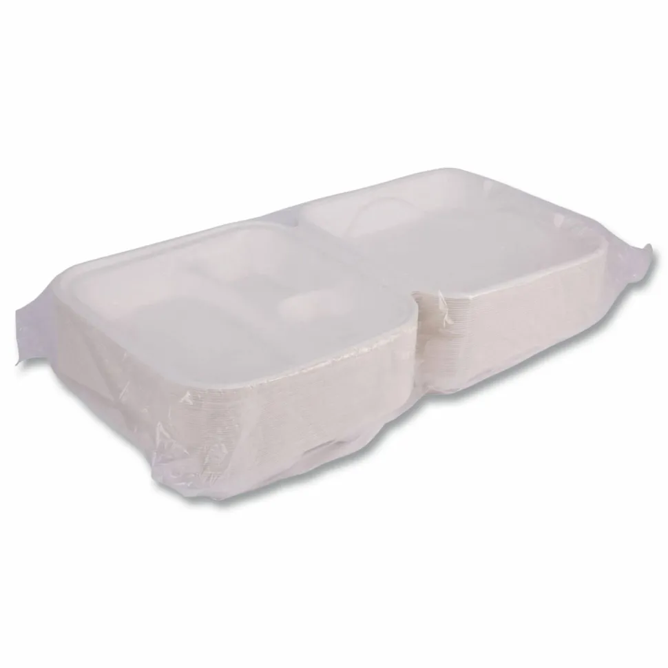 Eco-Products Vanguard Renewable and Sugarcane Clamshells, 3 Compartments, 9 x 9 x 3, White, 200/Carton