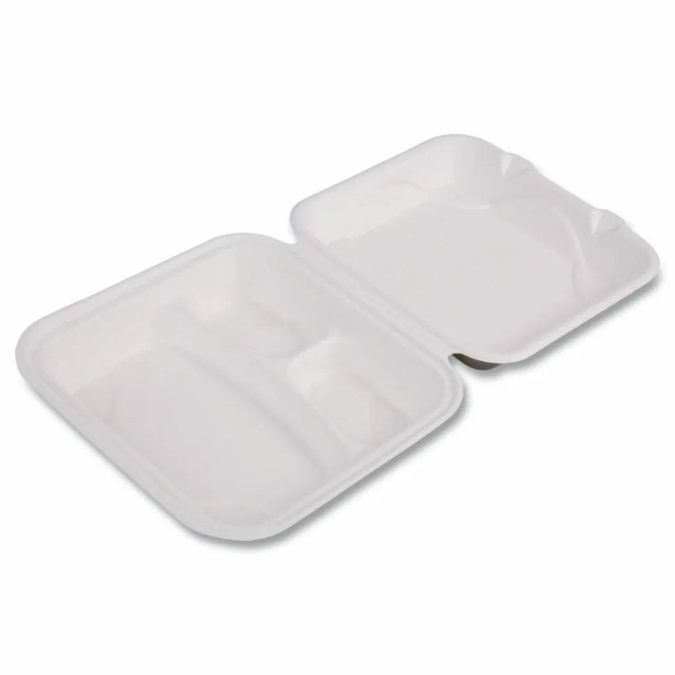 Eco-Products Vanguard Renewable and Sugarcane Clamshells, 3 Compartments, 9 x 9 x 3, White, 200/Carton