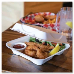 Eco-Products Vanguard Renewable and Sugarcane Clamshells, 3 Compartments, 9 x 9 x 3, White, 200/Carton