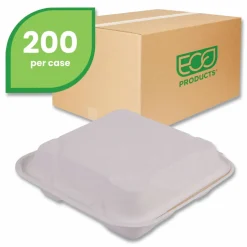 Eco-Products Vanguard Renewable and Sugarcane Clamshells, 3 Compartments, 9 x 9 x 3, White, 200/Carton