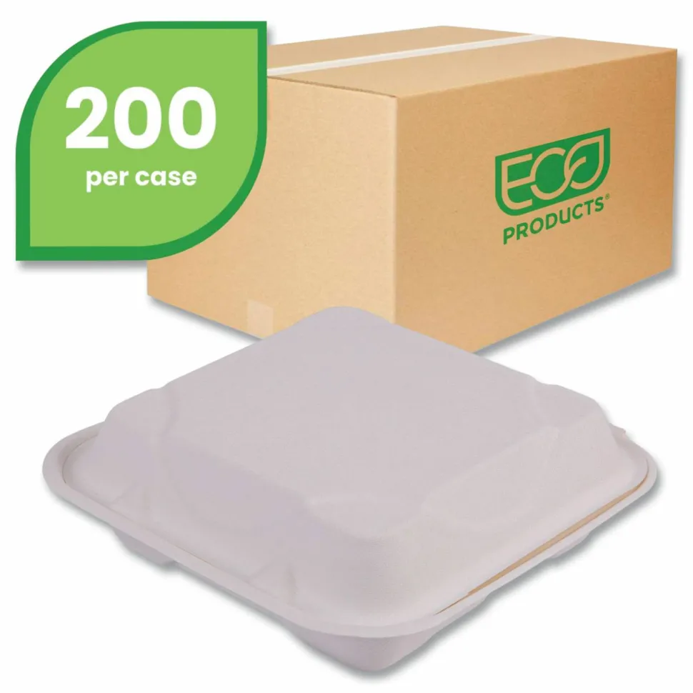 Eco-Products Vanguard Renewable and Sugarcane Clamshells, 3 Compartments, 9 x 9 x 3, White, 200/Carton