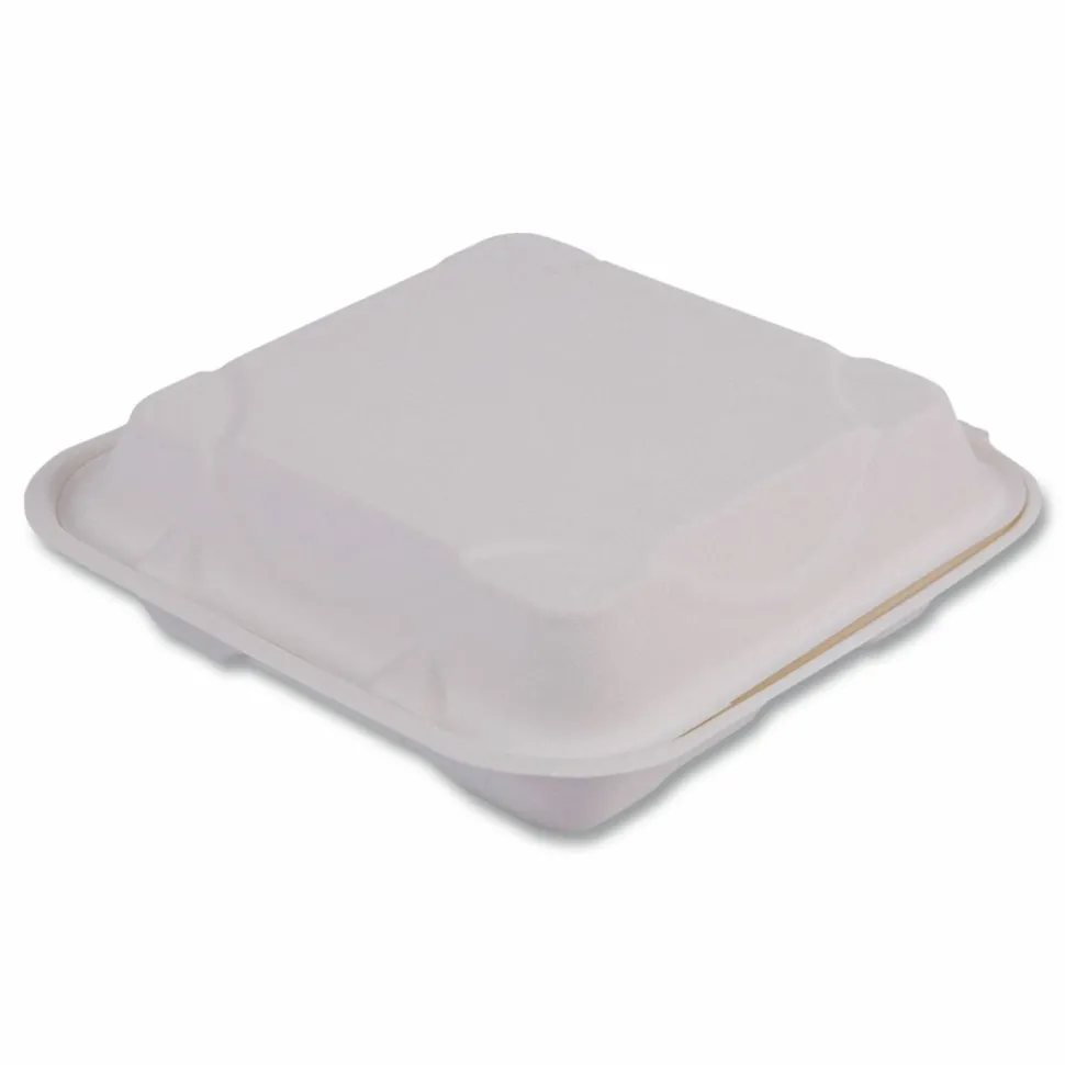 Eco-Products Vanguard Renewable and Sugarcane Clamshells, 3 Compartments, 9 x 9 x 3, White, 200/Carton