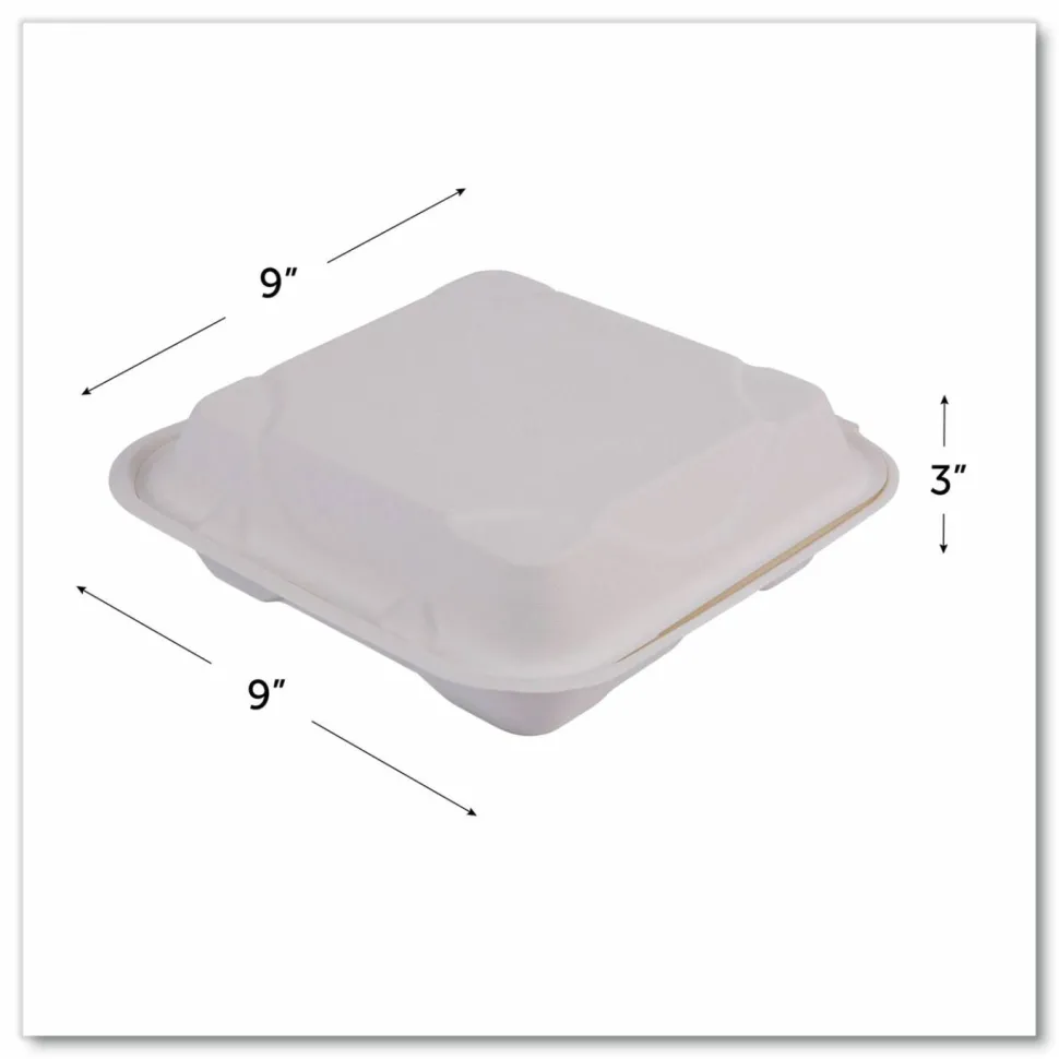 Eco-Products Vanguard Renewable and Sugarcane Clamshells, 3 Compartments, 9 x 9 x 3, White, 200/Carton