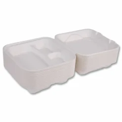 Eco-Products Vanguard Renewable and Sugarcane Clamshells, 3 Compartments, 9 x 9 x 3, White, 200/Carton
