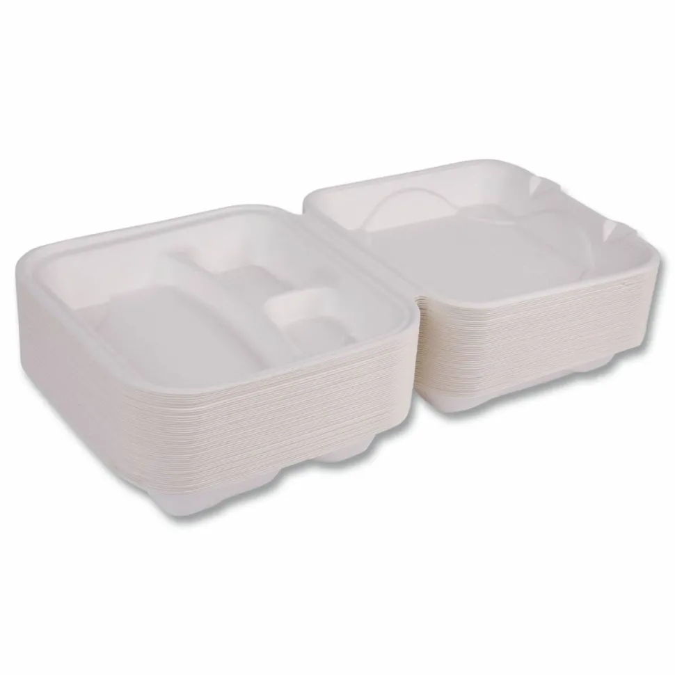 Eco-Products Vanguard Renewable and Sugarcane Clamshells, 3 Compartments, 9 x 9 x 3, White, 200/Carton
