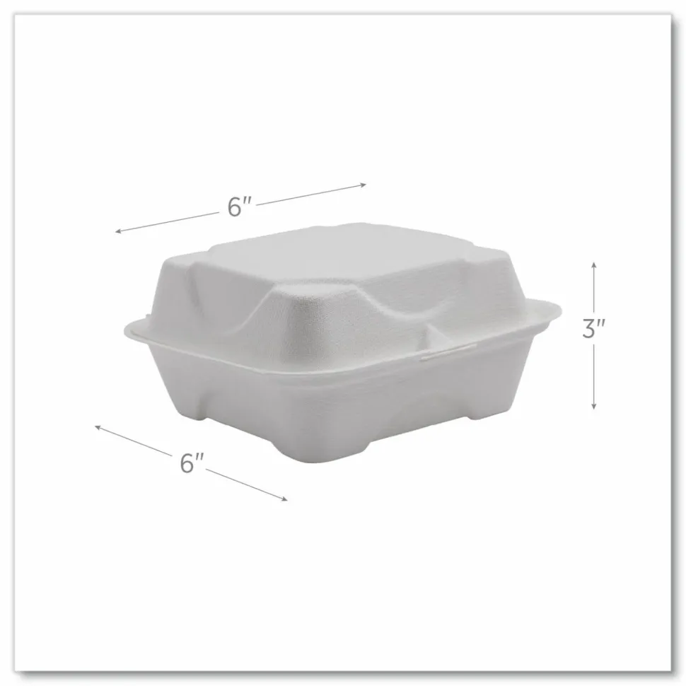 Eco-Products Vanguard Renewable and Sugarcane Clamshells, 6 x 6 x 3, White, 500/Carton