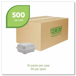 Eco-Products Vanguard Renewable and Sugarcane Clamshells, 6 x 6 x 3, White, 500/Carton