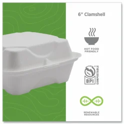 Eco-Products Vanguard Renewable and Sugarcane Clamshells, 6 x 6 x 3, White, 500/Carton
