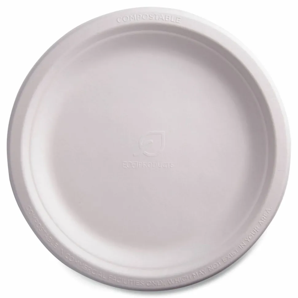 Eco-Products Vanguard Renewable and Sugarcane Plates, 9" dia, White, 500/Carton