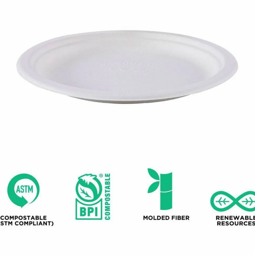 Eco-Products Vanguard Renewable and Sugarcane Plates, 9" dia, White, 500/Carton