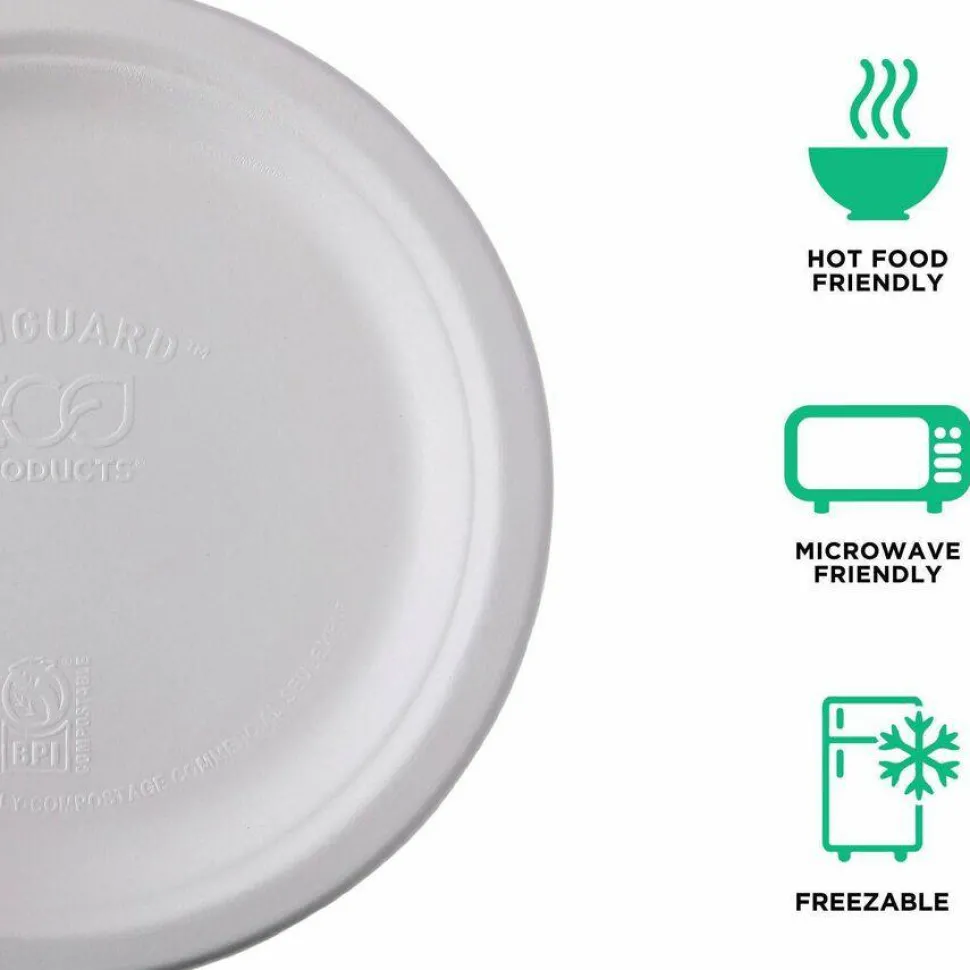 Eco-Products Vanguard Renewable and Sugarcane Plates, 9" dia, White, 500/Carton