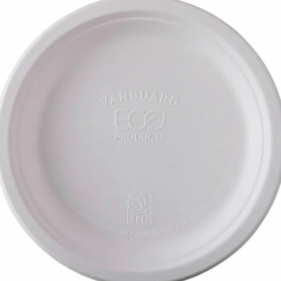 Eco-Products Vanguard Renewable and Sugarcane Plates, 9" dia, White, 500/Carton