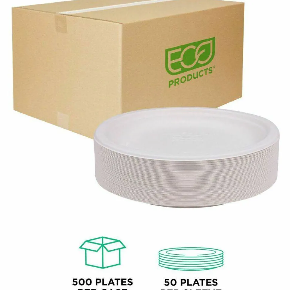 Eco-Products Vanguard Renewable and Sugarcane Plates, 9" dia, White, 500/Carton