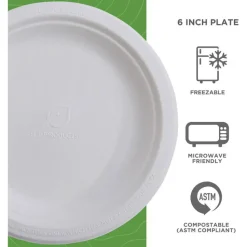Eco-Products Vanguard Renewable and Sugarcane Plates, 6" dia, White, 1,000/Carton