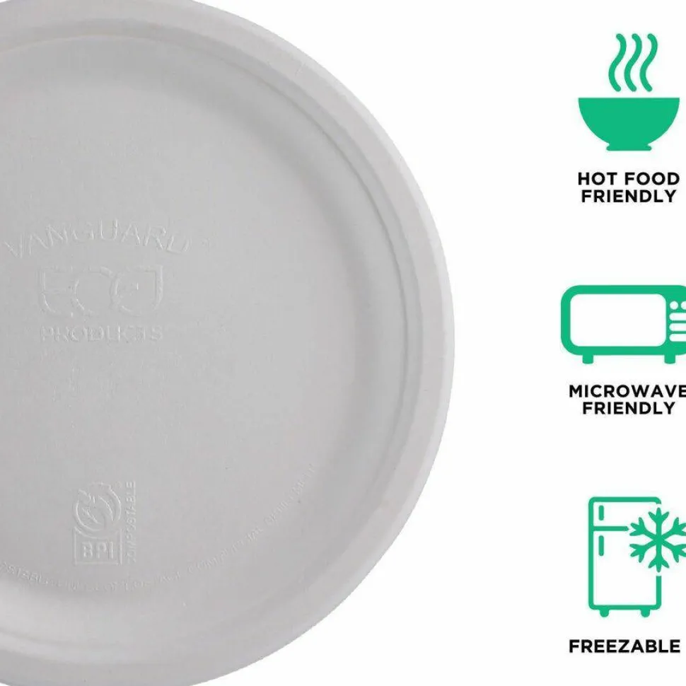 Eco-Products Vanguard Renewable and Sugarcane Plates, 10" dia, White, 500/Carton