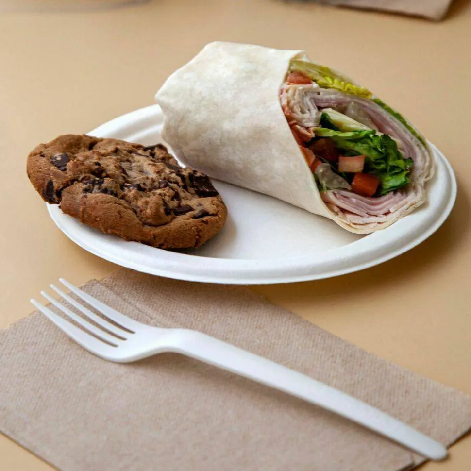 Eco-Products Vanguard Renewable and Sugarcane Plates, 10" dia, White, 500/Carton