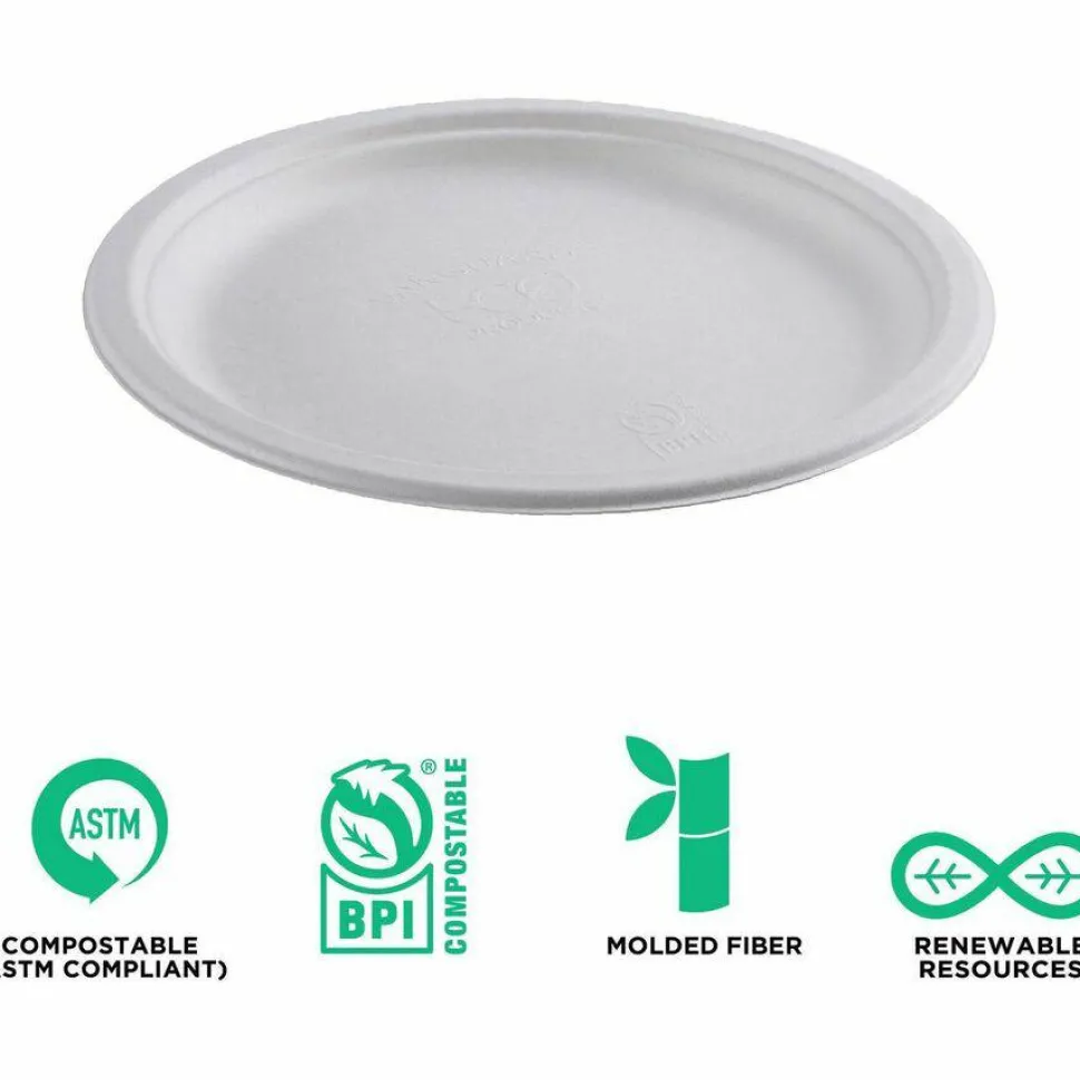 Eco-Products Vanguard Renewable and Sugarcane Plates, 10" dia, White, 500/Carton