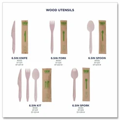 Eco-Products Wood Cutlery, General Purpose, Fork/Knife/Napkin/Spoon, Natural, 500/Carton