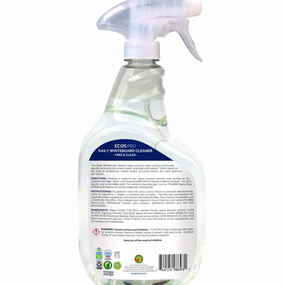 ECOS PRO Daily Whiteboard Cleaner, Free and Clear, 32 oz Spray Bottle, 6/Carton