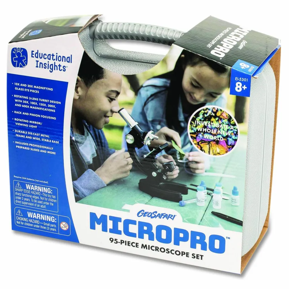 Educational Insights GeoSafari Micropro Microcope Set, 50x, 100x, 150x, 300x 600x Magnification, Plain Stage, Mirror Illuminator, Black, 95 Pieces