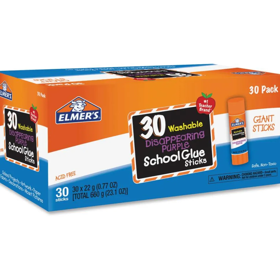 Elmer's Disappearing Purple School Glue Sticks, 0.77 Oz., Pack Of 30