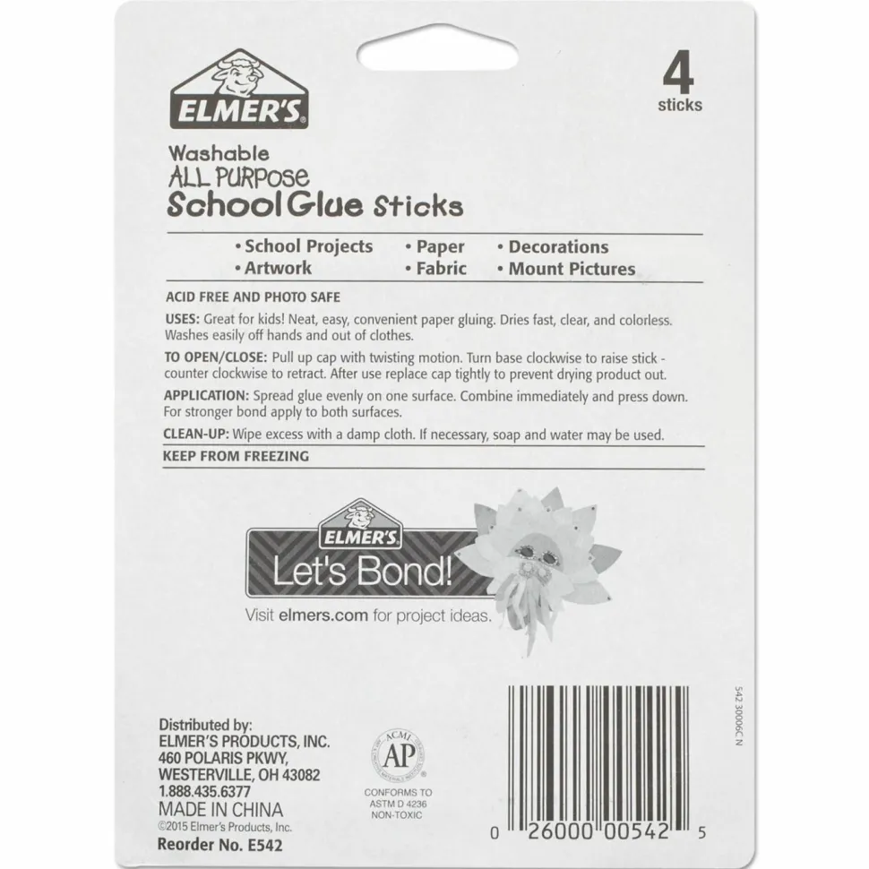 Elmer's Washable School Glue Sticks, 0.24 Oz, Pack Of 4