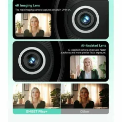 EMEET Piko+ (White) - Dual-lens Webcam with one 4K 1/2.55˘ Sony Lens and one AI Assist Lens, Boosting color accuracy, face recognition, and 300ms fast focus. 3 MEMS Mics power 3 Voice Modes for Meeting or Streaming/recording with wider audio frequenc