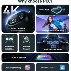 EMEET Pixy Dual-lens 4K PTZ Webcam with Gesture Control and Auto Tracking, Work with EMEET STUDIO