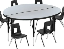 Emmy 47.5" Circle Wave Flexible Laminate Activity Table Set with 12" Student Stack Chairs, Oak/Black