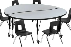 Emmy Mobile 60" Circle Wave Flexible Laminate Activity Table Set with 12" Student Stack Chairs, Oak/Black