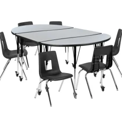 Emmy Mobile 76" Oval Wave Flexible Laminate Activity Table Set with 16" Student Stack Chairs, Grey/Black