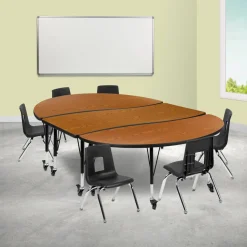Emmy Mobile 86" Oval Wave Flexible Laminate Activity Table Set with 12" Student Stack Chairs, Oak/Black