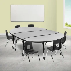 Emmy Mobile 86" Oval Wave Flexible Laminate Activity Table Set with 12" Student Stack Chairs, Grey/Black