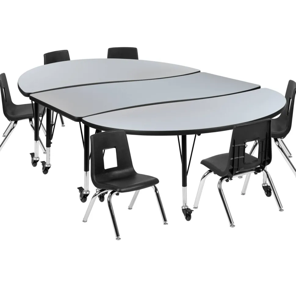 Emmy Mobile 86" Oval Wave Flexible Laminate Activity Table Set with 12" Student Stack Chairs, Grey/Black