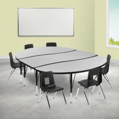 Emmy 86" Oval Wave Flexible Laminate Activity Table Set with 12" Student Stack Chairs, Grey/Black