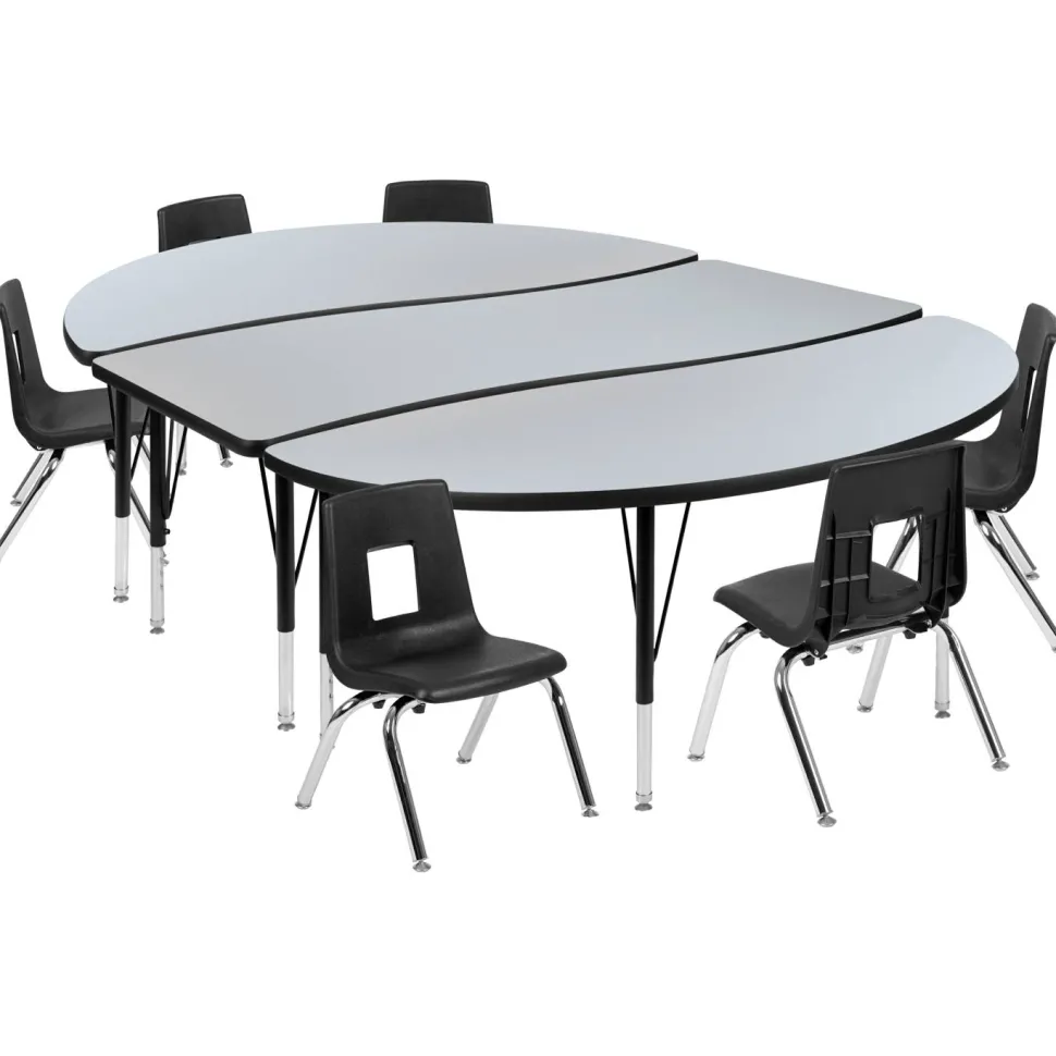 Emmy 86" Oval Wave Flexible Laminate Activity Table Set with 12" Student Stack Chairs, Grey/Black