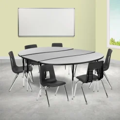 Emmy 86" Oval Wave Flexible Laminate Activity Table Set with 16" Student Stack Chairs, Grey/Black