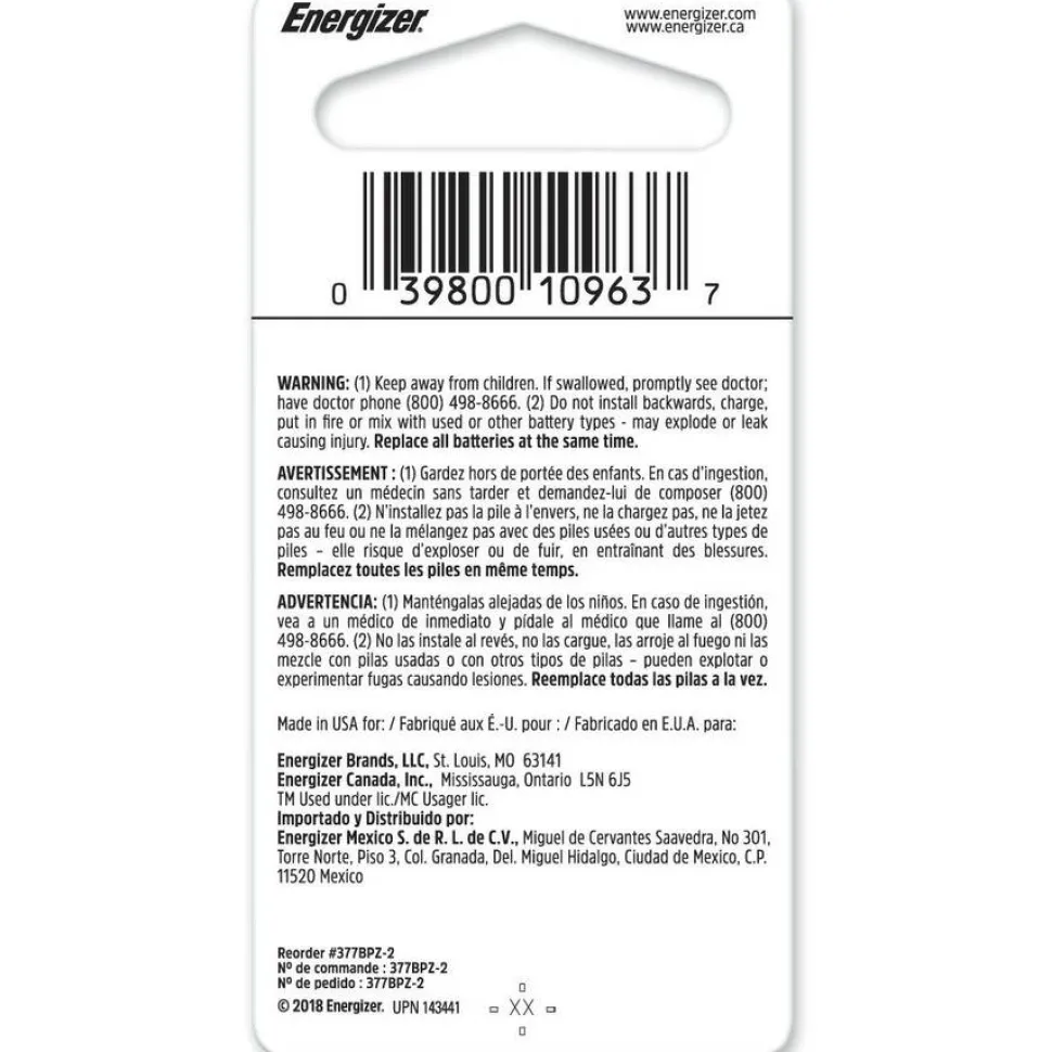 Energizer Coin Cell Batteries, 377, Pack Of 2