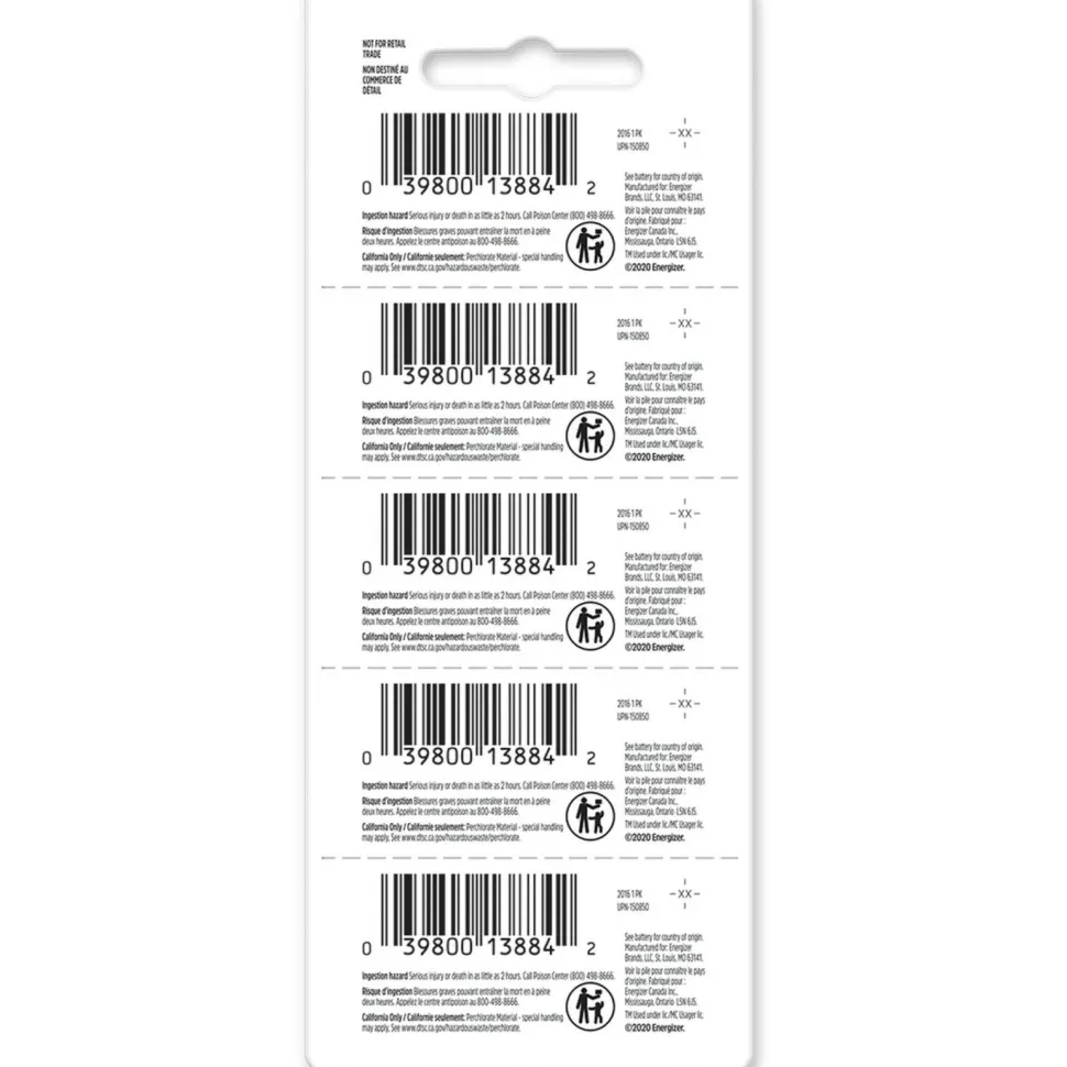 Energizer Industrial Lithium CR2016 Coin Battery with Tear-Strip Packaging, 3 V, 100/Box