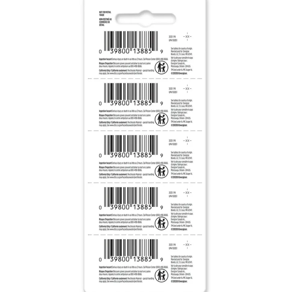 Energizer Industrial Lithium CR2025 Coin Battery with Tear-Strip Packaging, 3 V, 100/Box