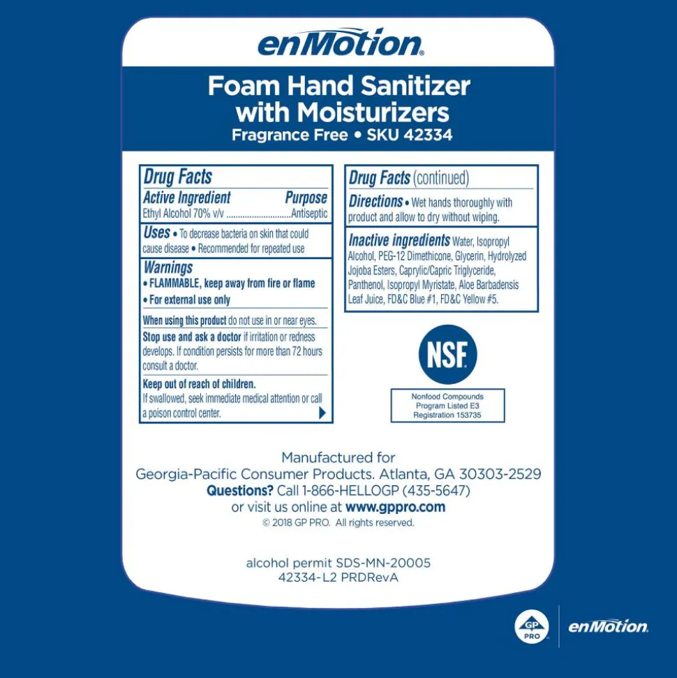 enMotion Gen2 Moisturizing Foam Hand Sanitizer Refills for Automated Dispensers, E-3 Rated, 1000 mL (33.81 Oz), 2 Bottles Per Case