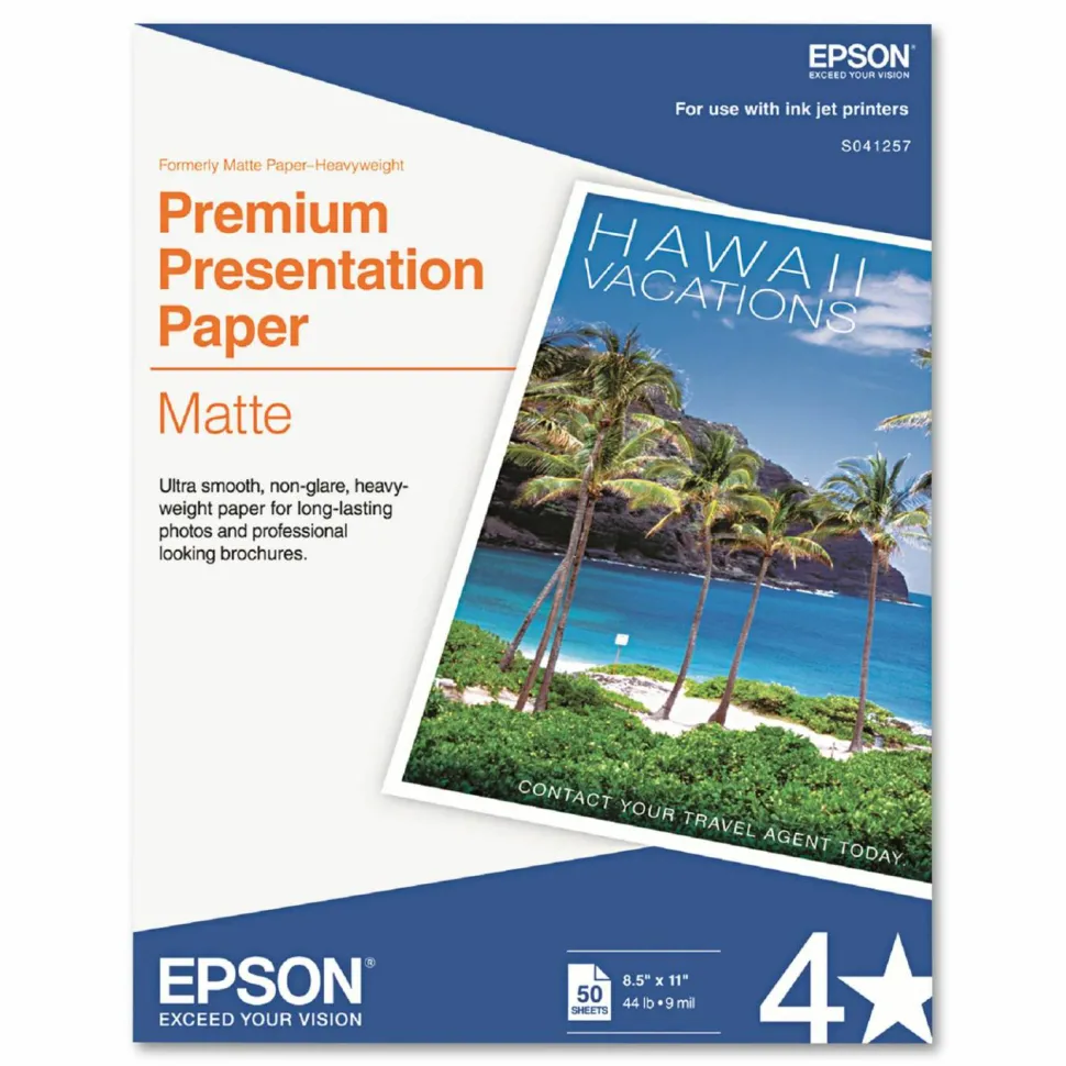 Epson Premium Presentation Paper, White, Letter (8.5" x 11"), 50 Sheets Per Pack, 44 Lb, 97 Brightness