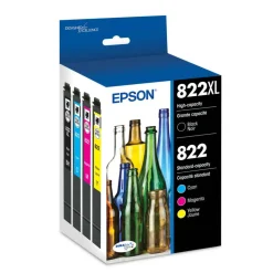 Epson 822XL/822 Black And Cyan, Magenta, Yellow High-Yield Ink Cartridges, Pack Of 4