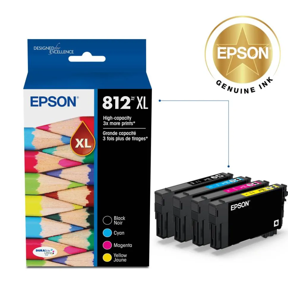 Epson 812XL DURABrite Black; Cyan; Magenta; Yellow, Ultra High-Yield Ink Cartridges, Pack Of 4 Cartridges, T812XL-XCS