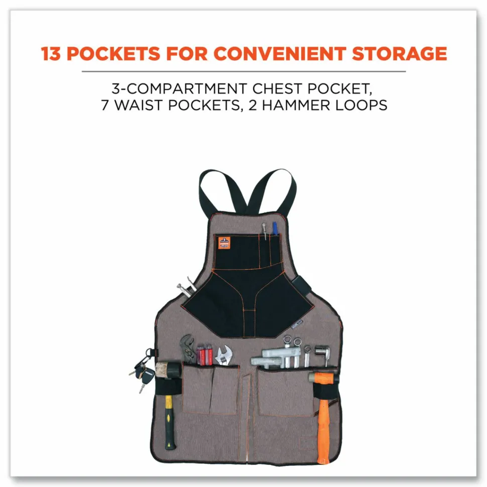 ergodyne Arsenal 5705 Extended Length Canvas Tool Apron, 13 Compartments, 25.5 x 34, Canvas, Gray