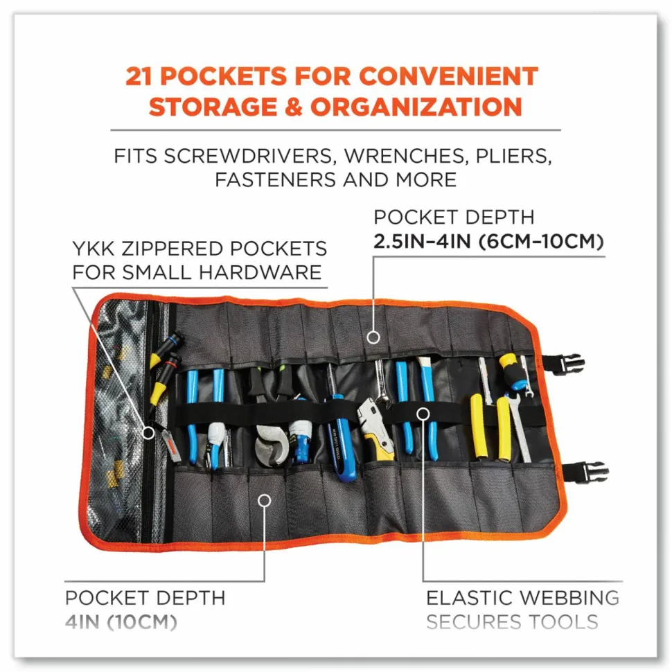 ergodyne Arsenal 5871 Polyester Tool Roll Up, 21 Compartments, 27 x 14, Polyester, Black