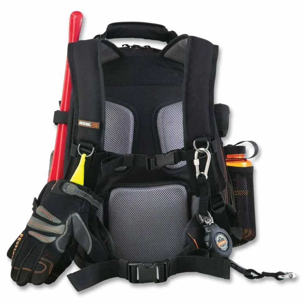 ergodyne Arsenal 5843 Tool Backpack Dual Compartment, 26 Compartments, 8.5 x 13.5 x 18, Ballistic Polyester, Black/Gray