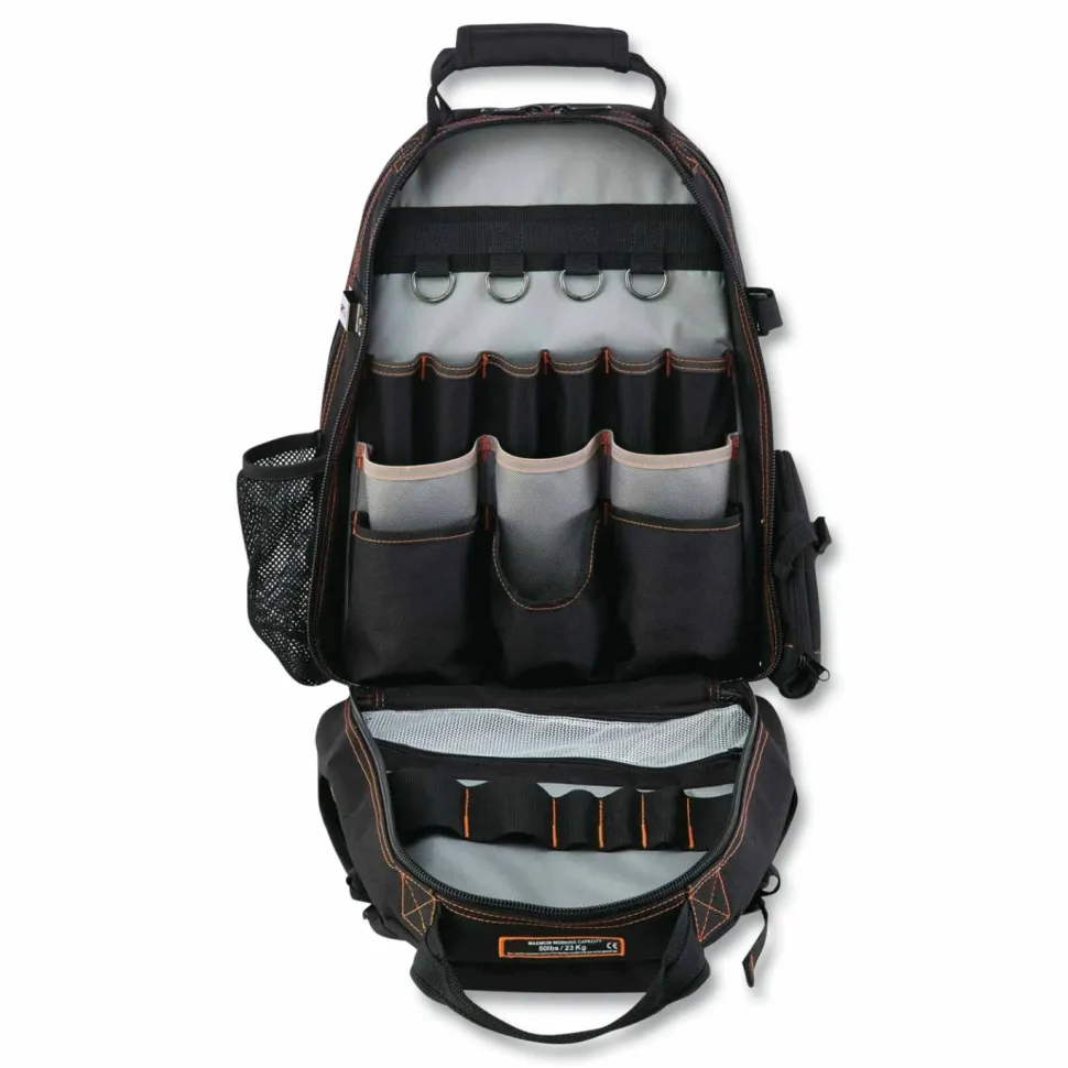 ergodyne Arsenal 5843 Tool Backpack Dual Compartment, 26 Compartments, 8.5 x 13.5 x 18, Ballistic Polyester, Black/Gray